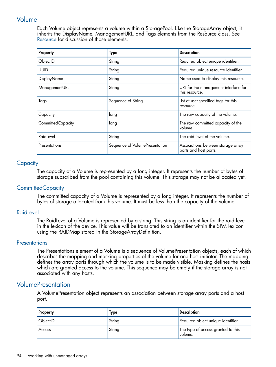 Volume, Capacity, Committedcapacity | Raidlevel, Presentations, Volumepresentation, Capacity committedcapacity raidlevel presentations | HP Matrix Operating Environment Software User Manual | Page 94 / 107