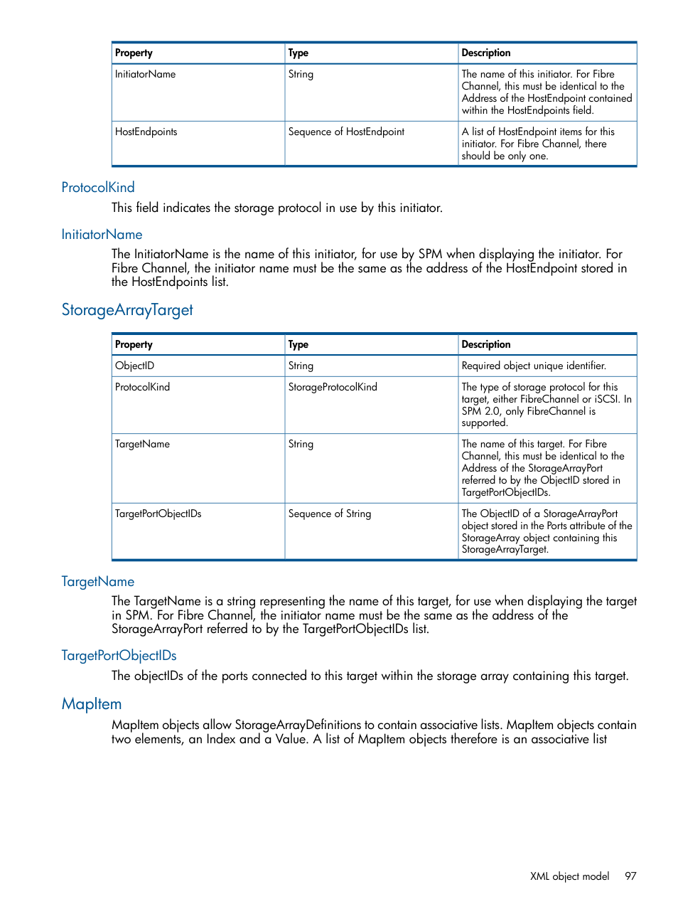Protocolkind, Initiatorname, Storagearraytarget | Targetname, Targetportobjectids, Mapitem, Protocolkind initiatorname, Targetname targetportobjectids | HP Matrix Operating Environment Software User Manual | Page 97 / 107