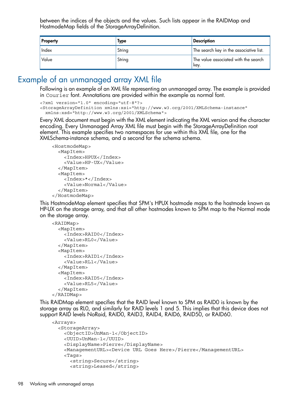 Example of an unmanaged array xml file | HP Matrix Operating Environment Software User Manual | Page 98 / 107