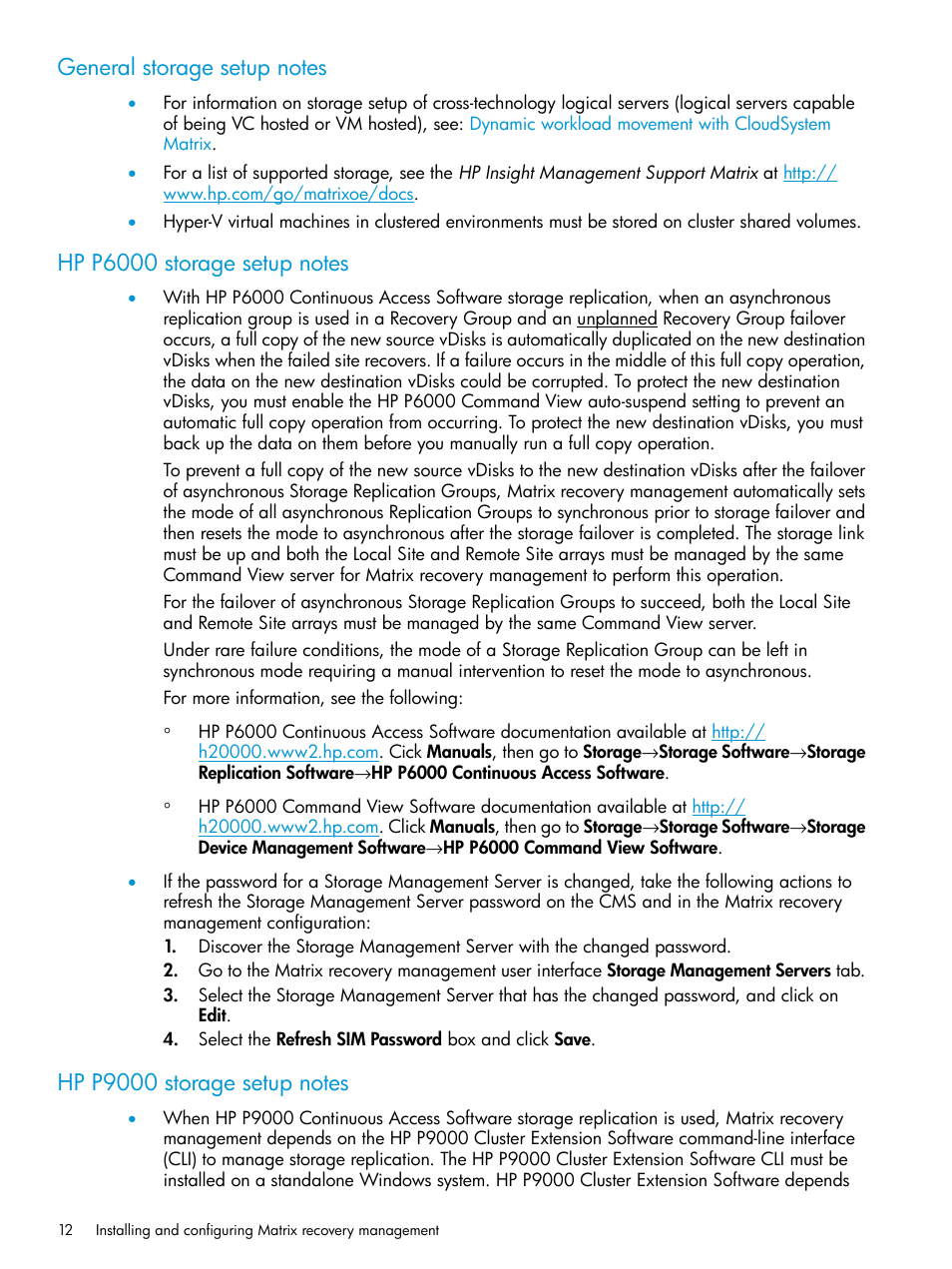 General storage setup notes, Hp p6000 storage setup notes, Hp p9000 storage setup notes | HP Matrix Operating Environment Software User Manual | Page 12 / 74