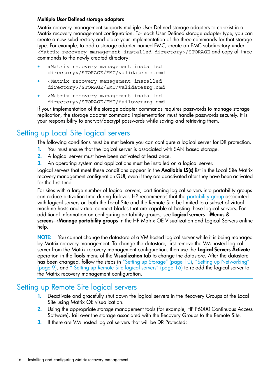 Setting up local site logical servers, Setting up remote site logical servers | HP Matrix Operating Environment Software User Manual | Page 16 / 74