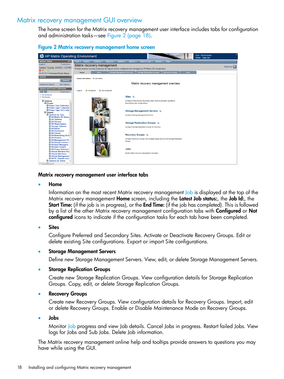 Matrix recovery management gui overview | HP Matrix Operating Environment Software User Manual | Page 18 / 74