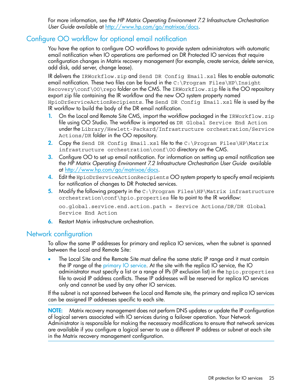 Network configuration, Configure oo workflow for optional, Network | HP Matrix Operating Environment Software User Manual | Page 25 / 74