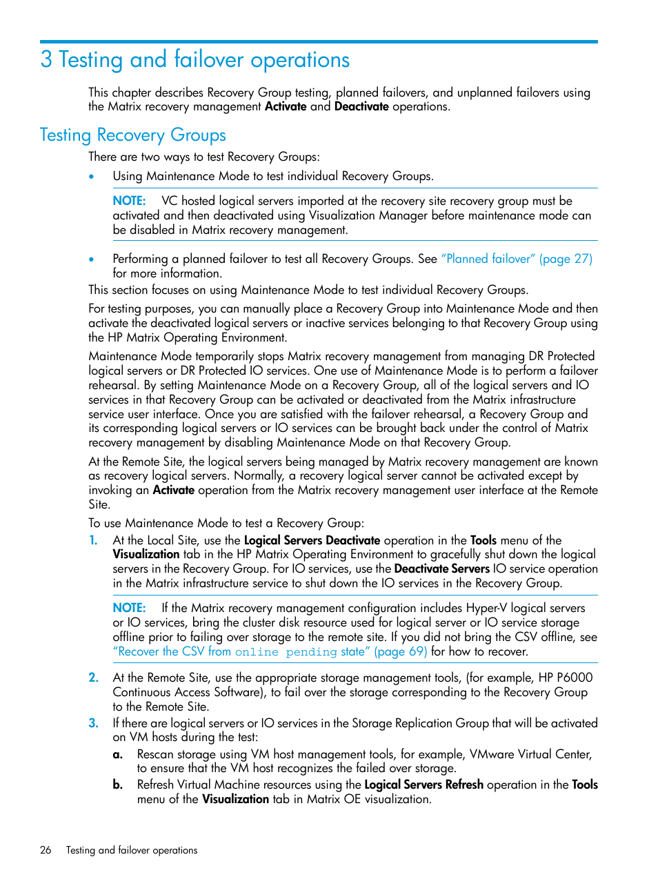 3 testing and failover operations, Testing recovery groups, Testing recovery | HP Matrix Operating Environment Software User Manual | Page 26 / 74