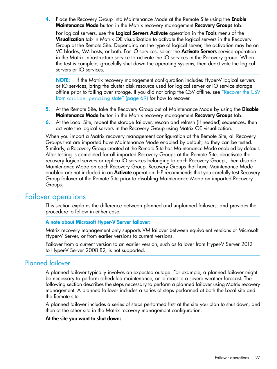 Failover operations, Planned failover | HP Matrix Operating Environment Software User Manual | Page 27 / 74
