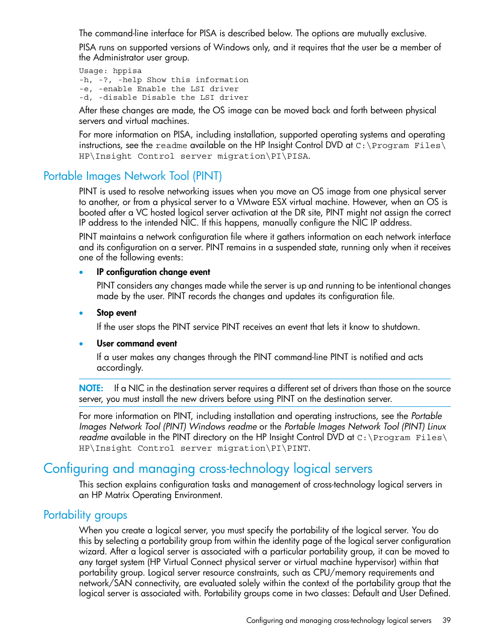 Portable images network tool (pint), Portability groups | HP Matrix Operating Environment Software User Manual | Page 39 / 74