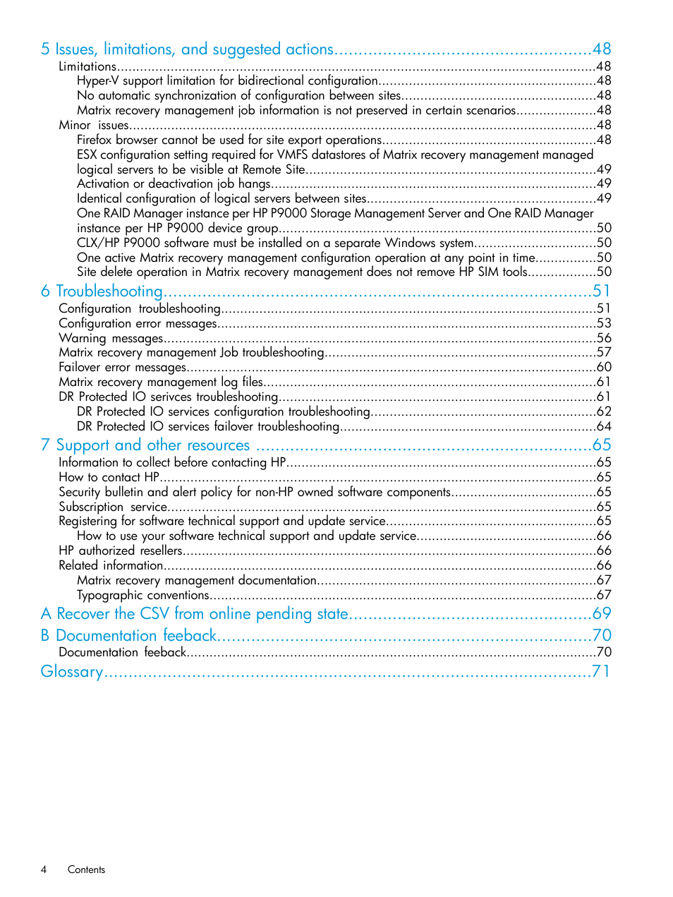 5 issues, limitations, and suggested actions, 6 troubleshooting, 7 support and other resources | Glossary | HP Matrix Operating Environment Software User Manual | Page 4 / 74