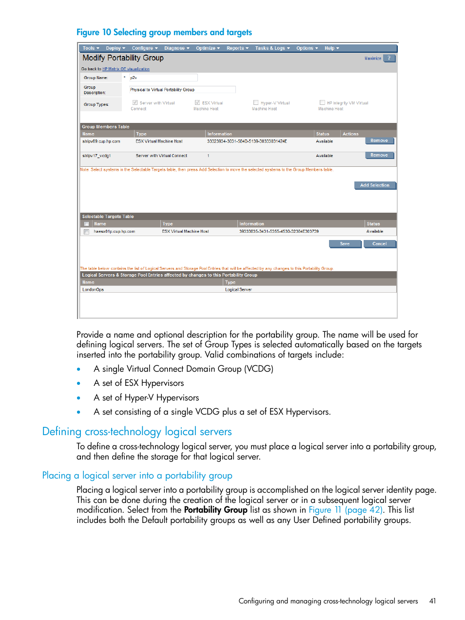 Defining cross-technology logical servers, Placing a logical server into a portability group | HP Matrix Operating Environment Software User Manual | Page 41 / 74