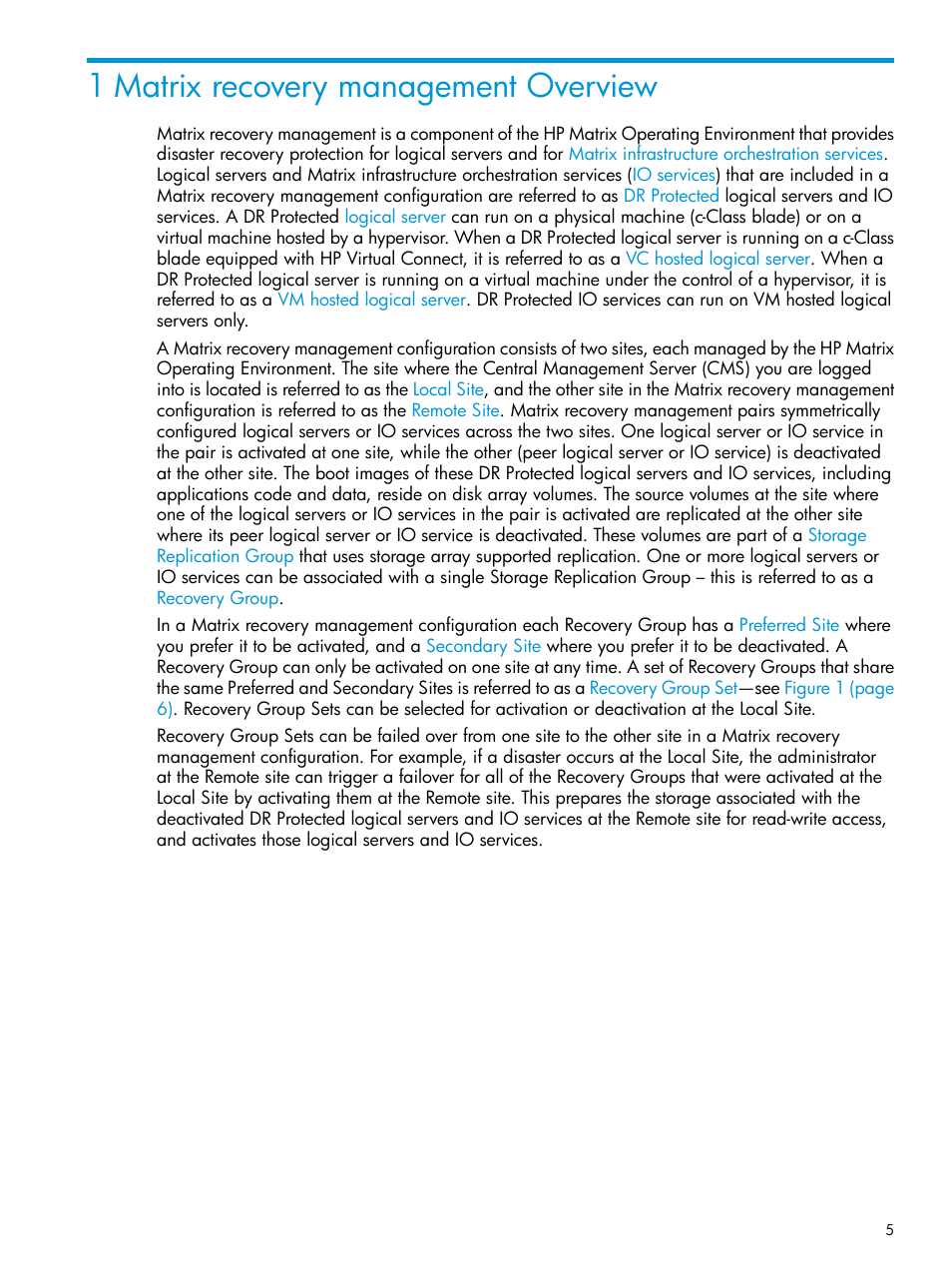 1 matrix recovery management overview | HP Matrix Operating Environment Software User Manual | Page 5 / 74