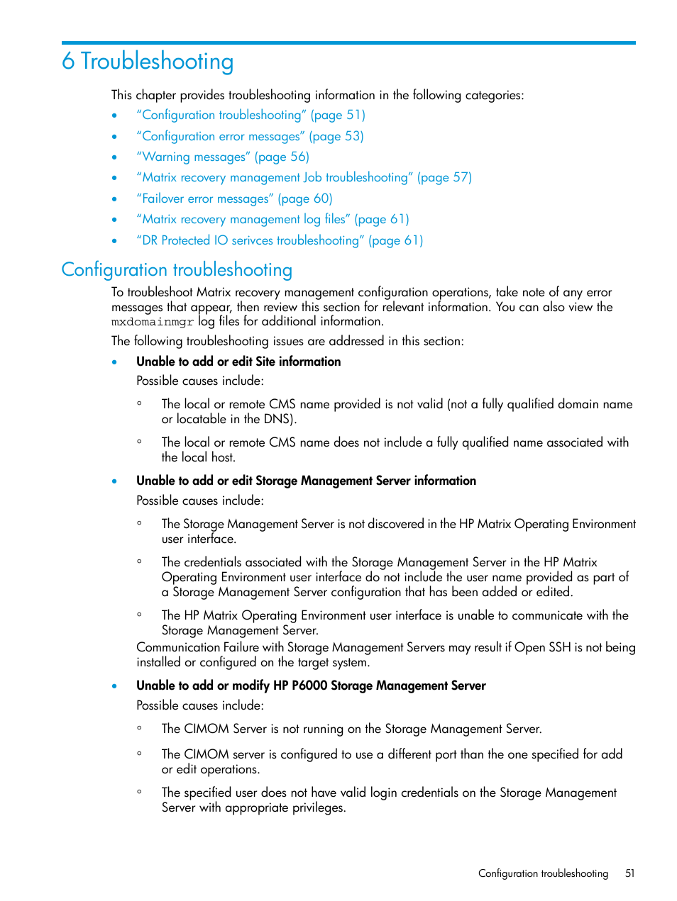 6 troubleshooting, Configuration troubleshooting | HP Matrix Operating Environment Software User Manual | Page 51 / 74