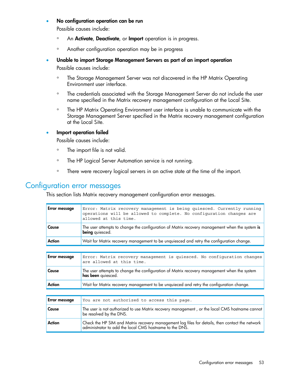 Configuration error messages | HP Matrix Operating Environment Software User Manual | Page 53 / 74