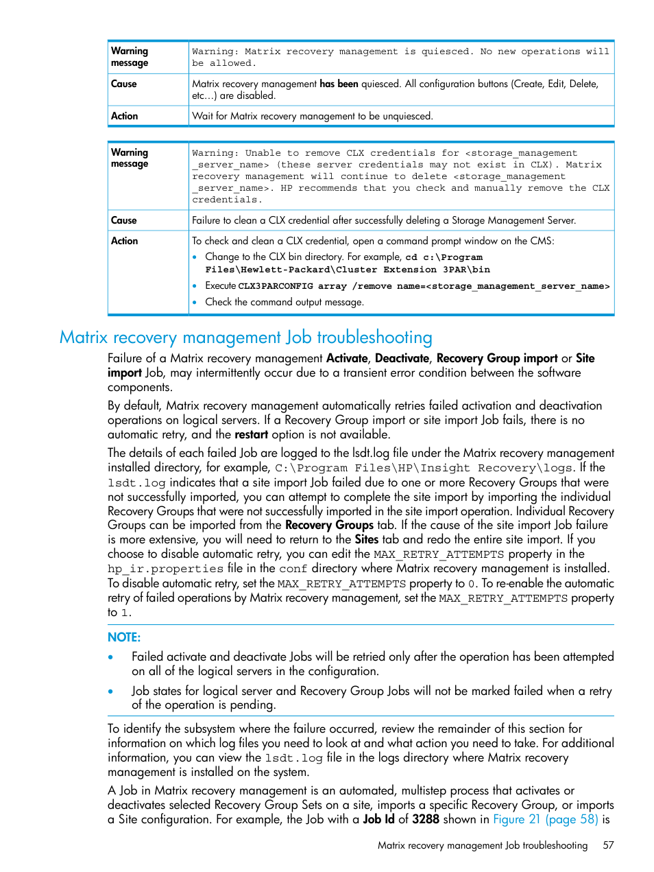 Matrix recovery management job troubleshooting | HP Matrix Operating Environment Software User Manual | Page 57 / 74
