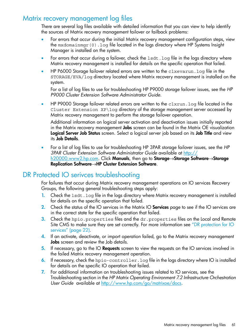 Matrix recovery management log files, Dr protected io serivces troubleshooting | HP Matrix Operating Environment Software User Manual | Page 61 / 74