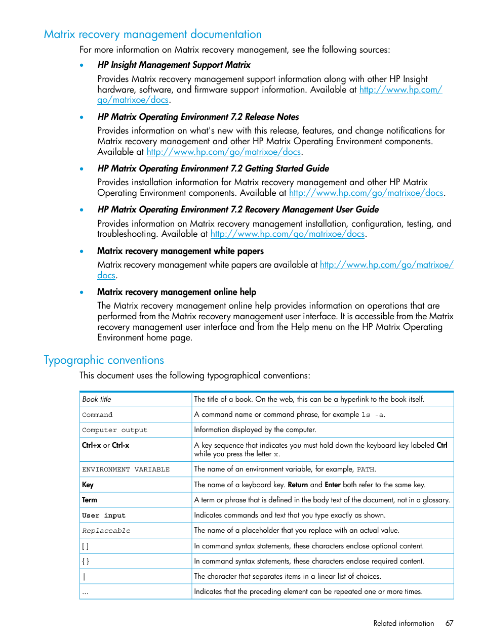 Matrix recovery management documentation, Typographic conventions | HP Matrix Operating Environment Software User Manual | Page 67 / 74