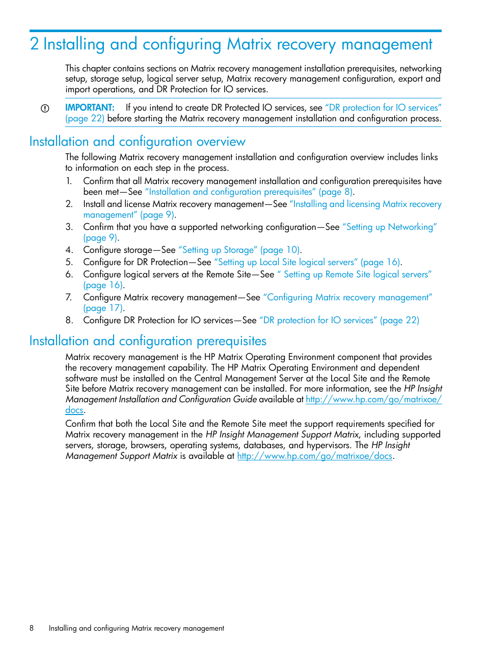 Installation and configuration overview, Installation and configuration prerequisites | HP Matrix Operating Environment Software User Manual | Page 8 / 74