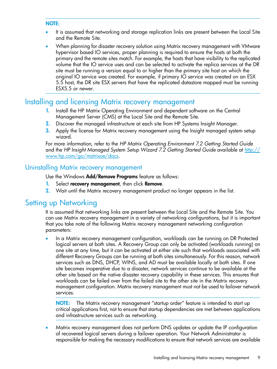 Uninstalling matrix recovery management, Setting up networking, Installing and licensing matrix recovery | HP Matrix Operating Environment Software User Manual | Page 9 / 74