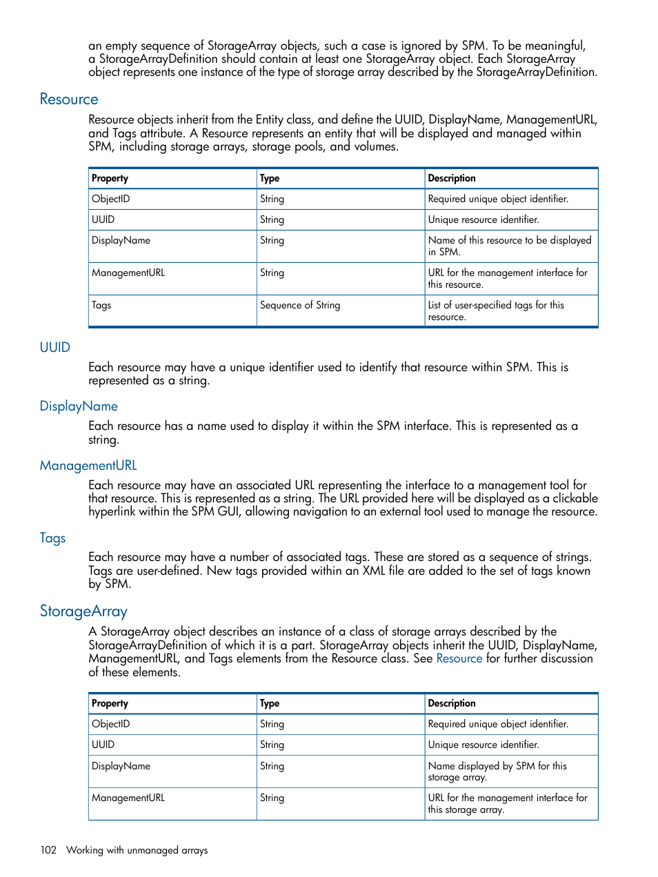 Resource, Uuid, Displayname | Managementurl, Tags, Storagearray, Uuid displayname managementurl tags | HP Matrix Operating Environment Software User Manual | Page 102 / 120