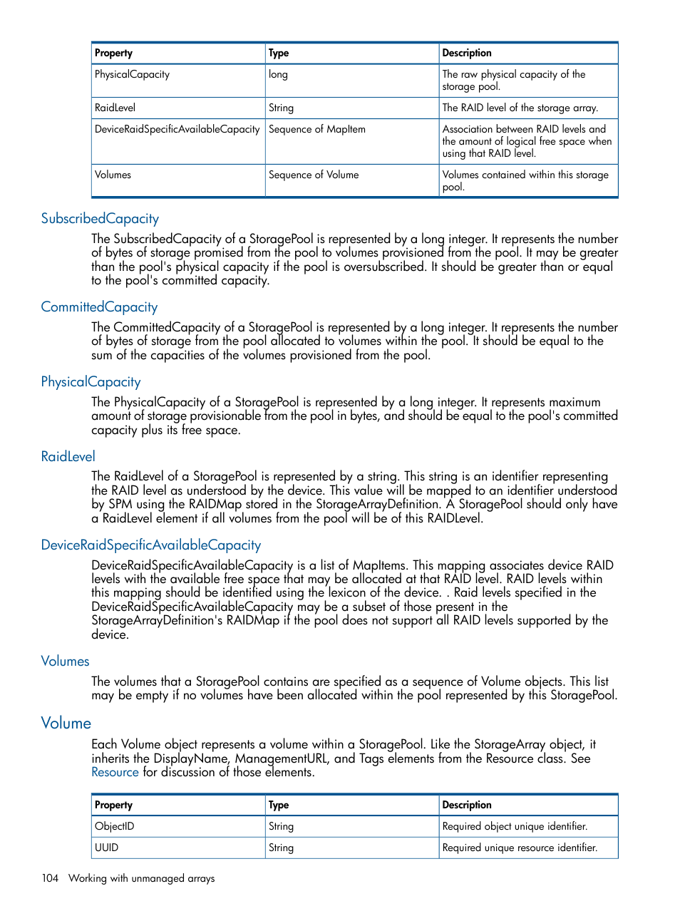 Subscribedcapacity, Committedcapacity, Physicalcapacity | Raidlevel, Deviceraidspecificavailablecapacity, Volumes, Volume | HP Matrix Operating Environment Software User Manual | Page 104 / 120