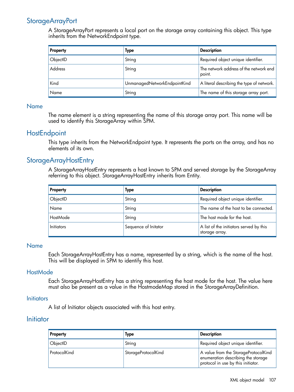 Storagearrayport, Name, Hostendpoint | Storagearrayhostentry, Hostmode, Initiators, Initiator, Hostendpoint storagearrayhostentry, Name hostmode initiators | HP Matrix Operating Environment Software User Manual | Page 107 / 120