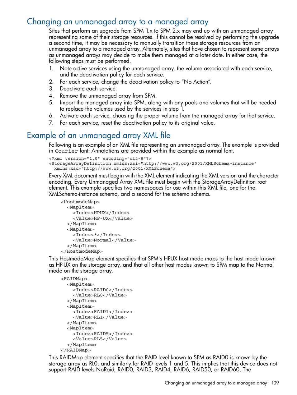 Changing an unmanaged array to a managed array, Example of an unmanaged array xml file | HP Matrix Operating Environment Software User Manual | Page 109 / 120