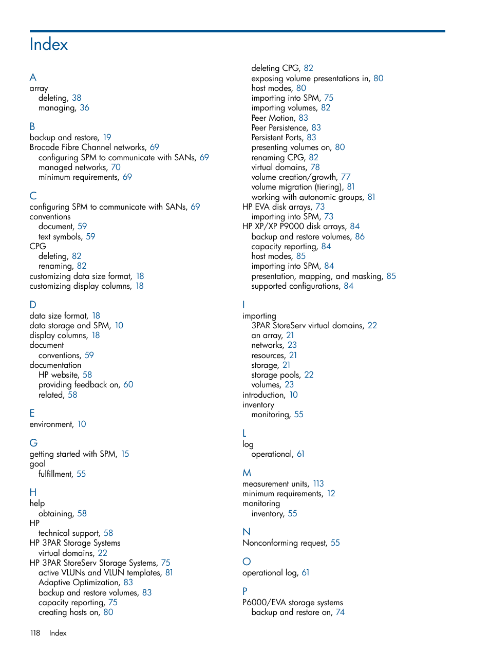 Index | HP Matrix Operating Environment Software User Manual | Page 118 / 120