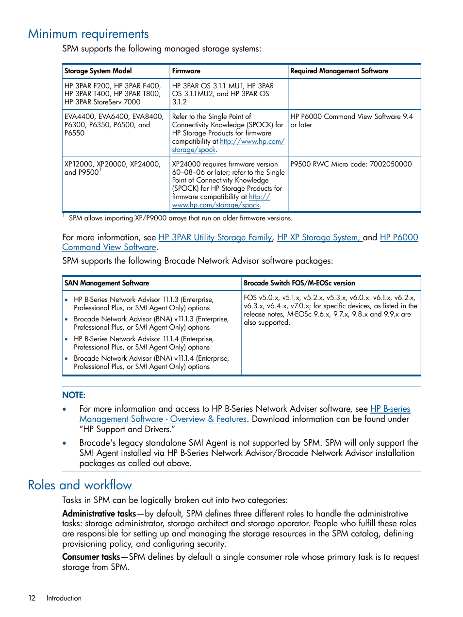 Minimum requirements, Roles and workflow, Minimum requirements roles and workflow | HP Matrix Operating Environment Software User Manual | Page 12 / 120