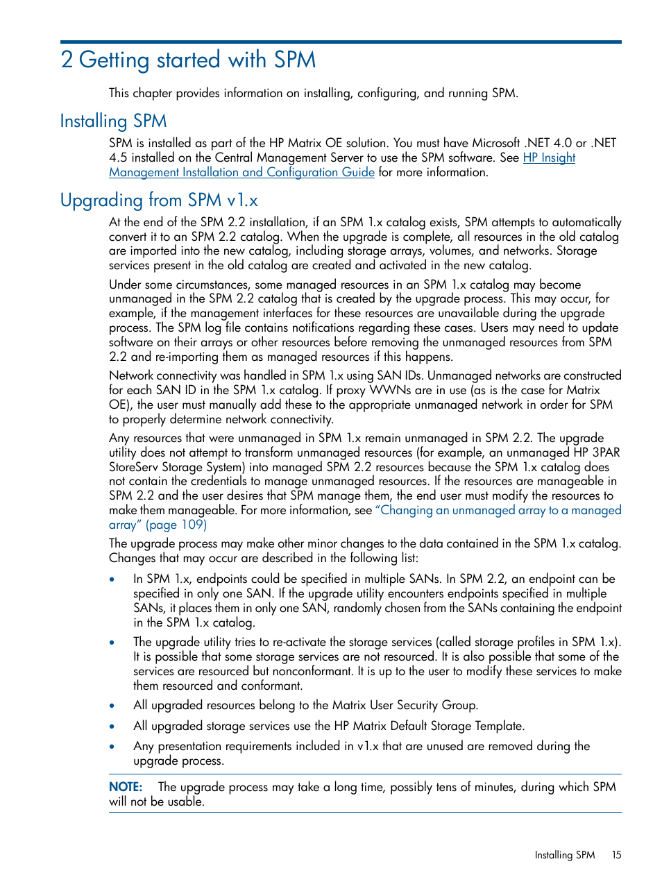 2 getting started with spm, Installing spm, Upgrading from spm v1.x | Installing spm upgrading from spm v1.x | HP Matrix Operating Environment Software User Manual | Page 15 / 120