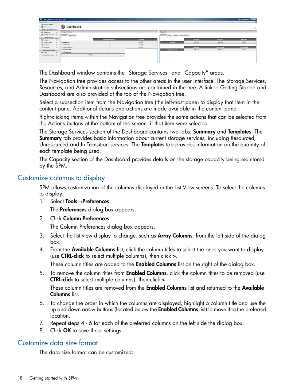 Customize columns to display, Customize data size format | HP Matrix Operating Environment Software User Manual | Page 18 / 120
