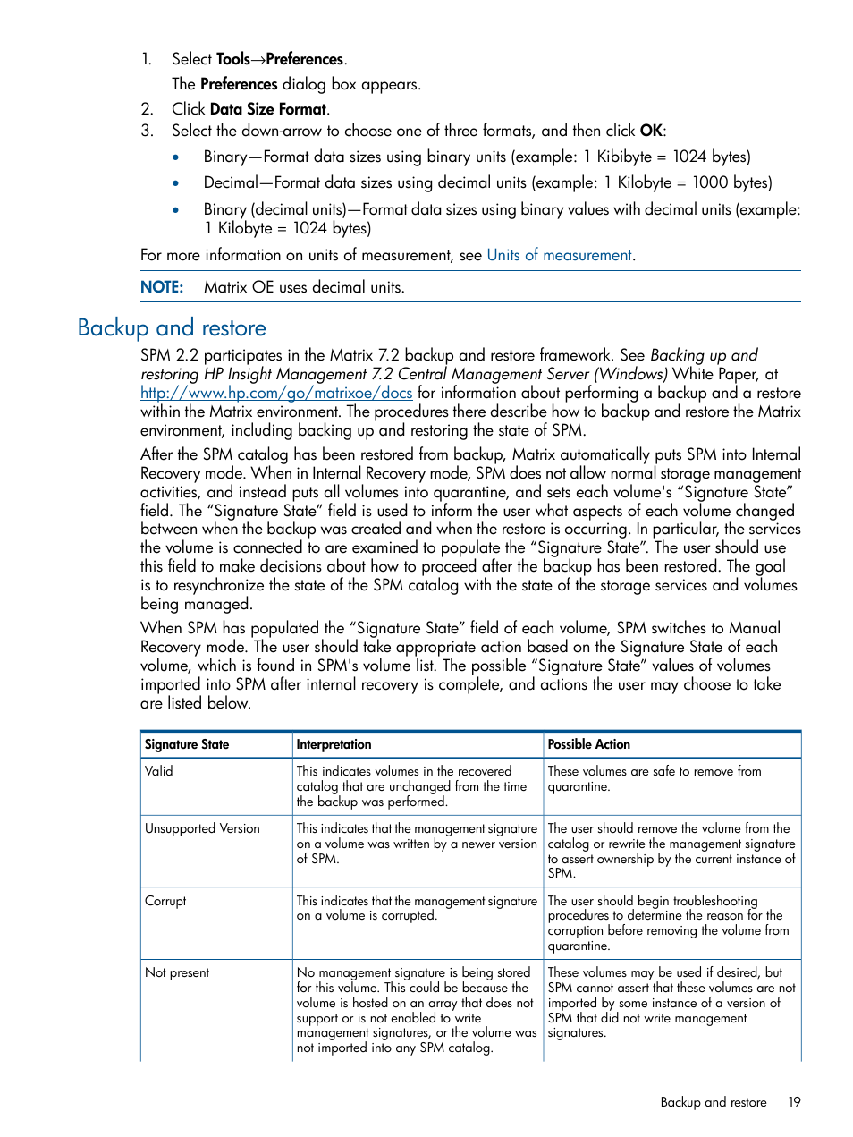 Backup and restore | HP Matrix Operating Environment Software User Manual | Page 19 / 120