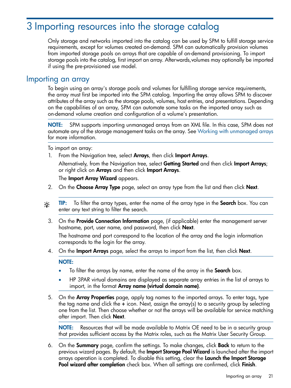 3 importing resources into the storage catalog, Importing an array, Importing storage into the storage catalog | HP Matrix Operating Environment Software User Manual | Page 21 / 120