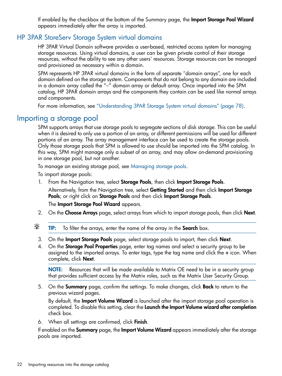 Hp 3par storeserv storage system virtual domains, Importing a storage pool | HP Matrix Operating Environment Software User Manual | Page 22 / 120