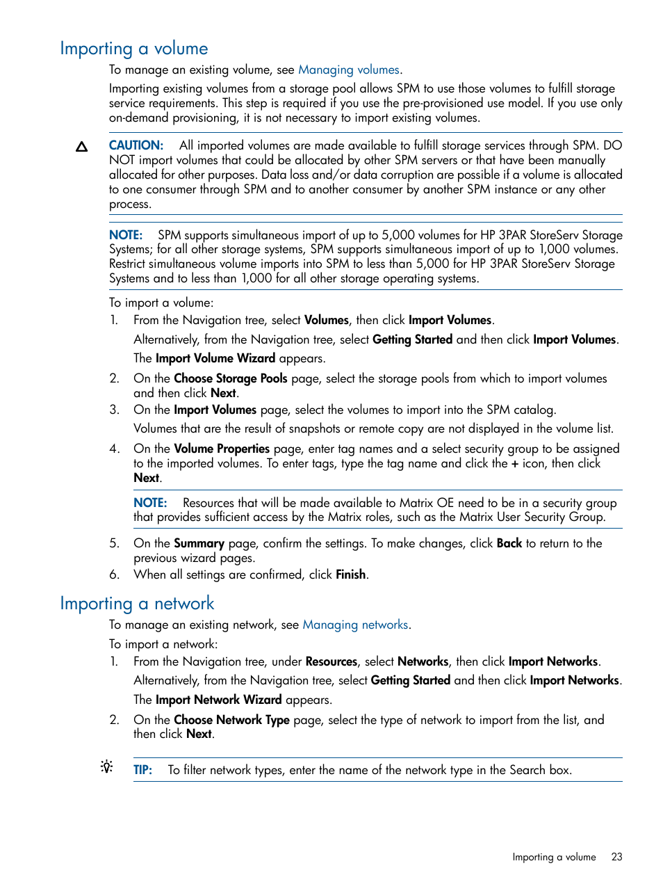 Importing a volume, Importing a network, Importing a volume importing a network | HP Matrix Operating Environment Software User Manual | Page 23 / 120