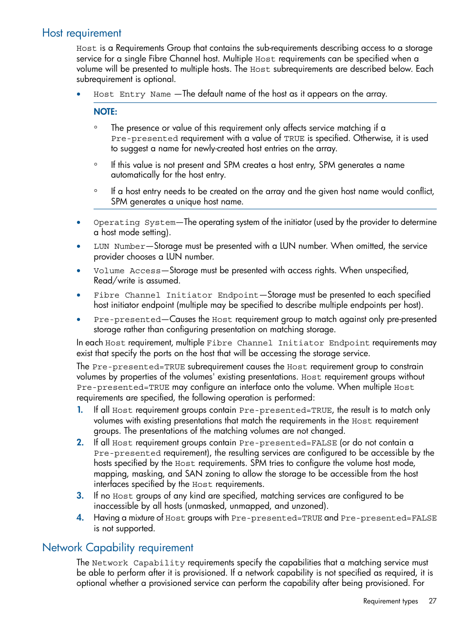 Host requirement, Network capability requirement, Host requirement network capability requirement | HP Matrix Operating Environment Software User Manual | Page 27 / 120