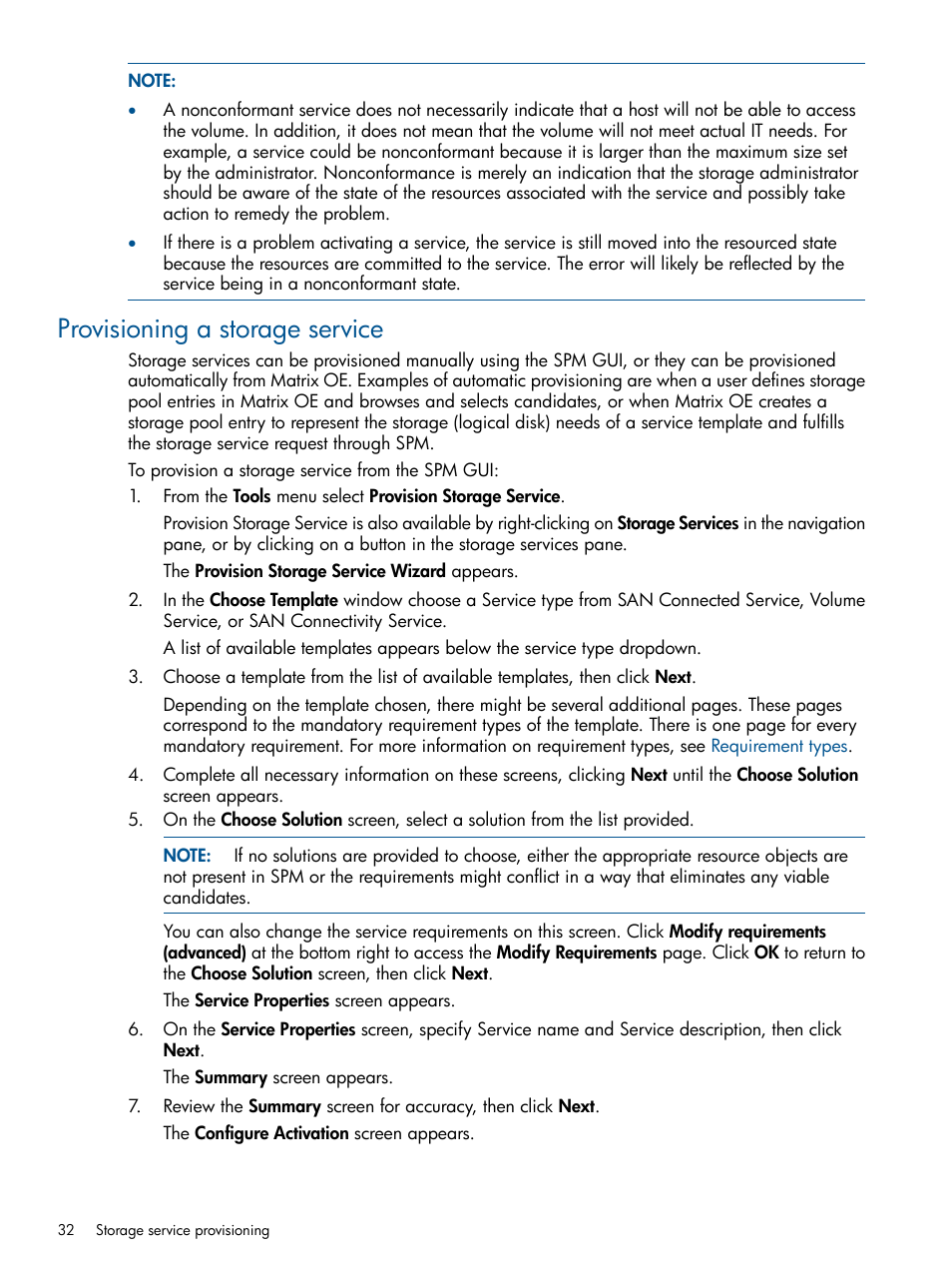 Provisioning a storage service | HP Matrix Operating Environment Software User Manual | Page 32 / 120