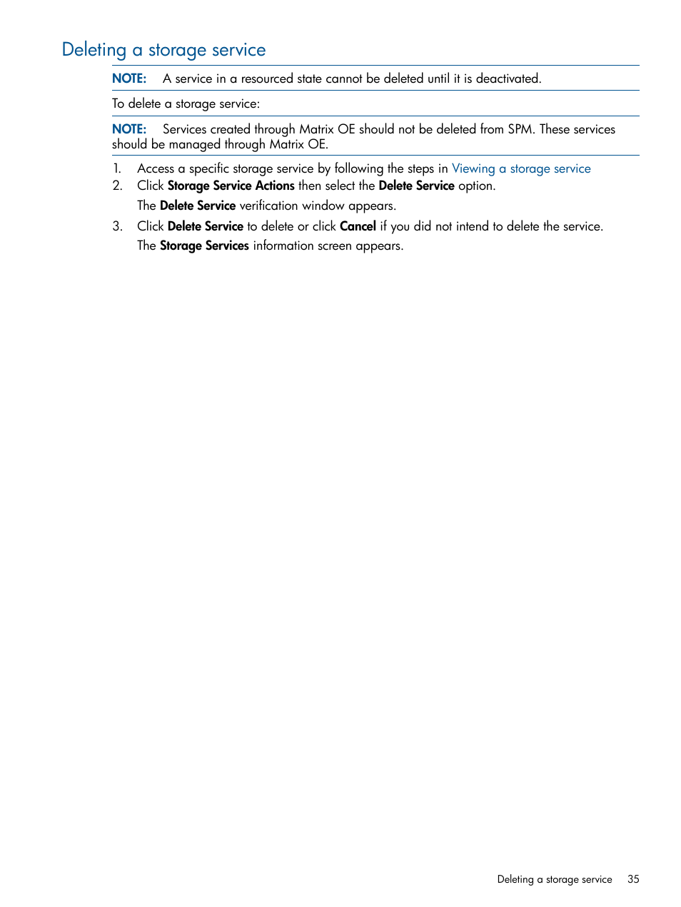 Deleting a storage service | HP Matrix Operating Environment Software User Manual | Page 35 / 120