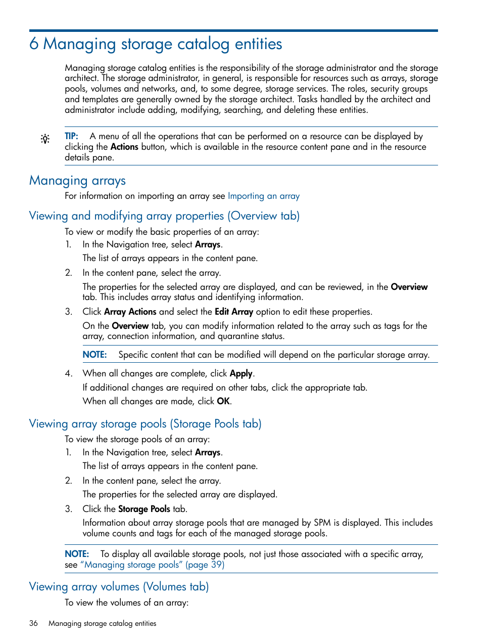 6 managing storage catalog entities, Managing arrays, Viewing array storage pools (storage pools tab) | Viewing array volumes (volumes tab), Managing storage catalog entities | HP Matrix Operating Environment Software User Manual | Page 36 / 120