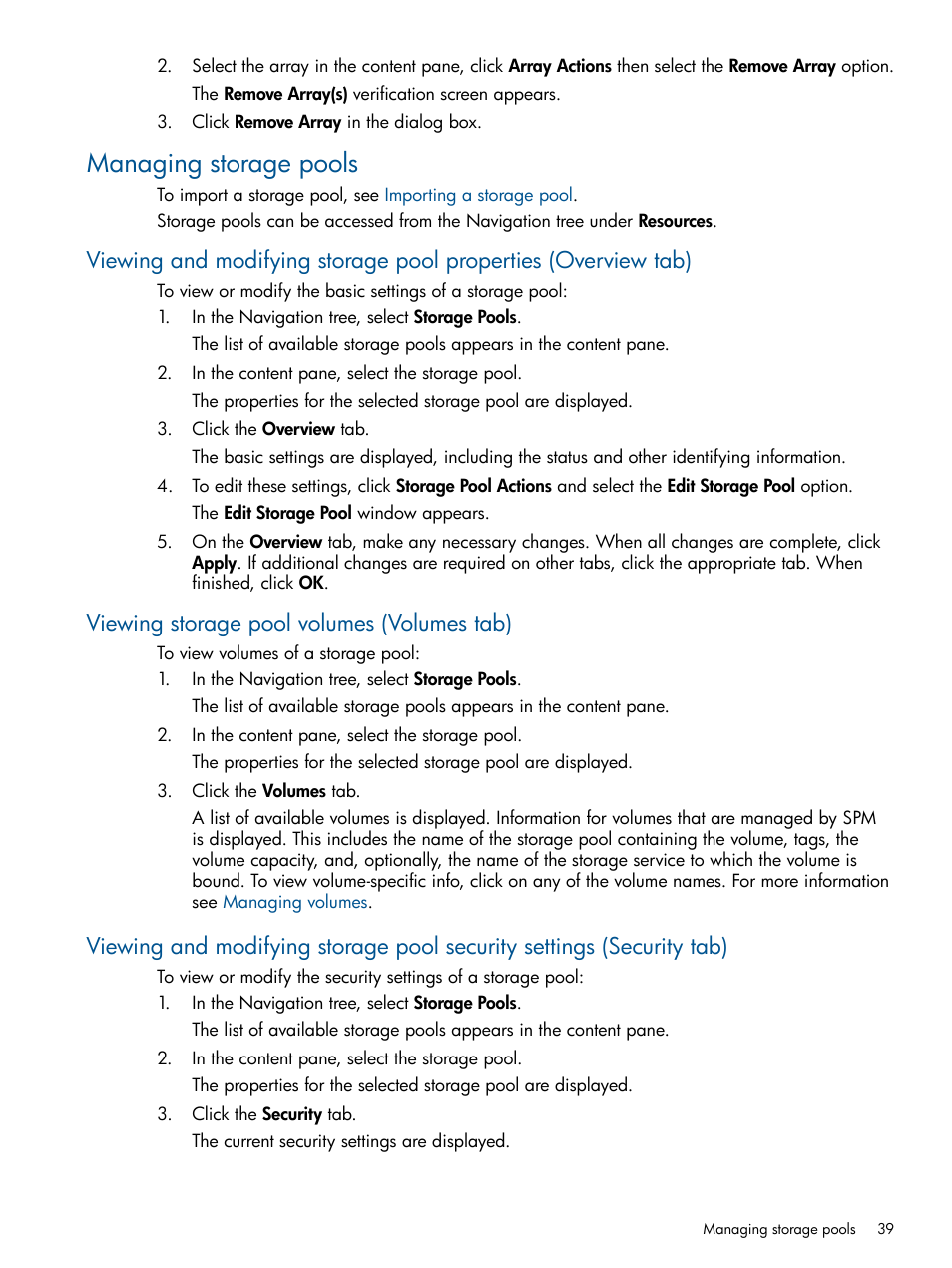 Managing storage pools, Viewing storage pool volumes (volumes tab) | HP Matrix Operating Environment Software User Manual | Page 39 / 120