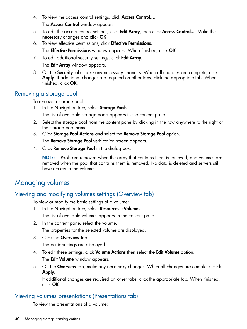 Removing a storage pool, Managing volumes, Viewing volumes presentations (presentations tab) | HP Matrix Operating Environment Software User Manual | Page 40 / 120