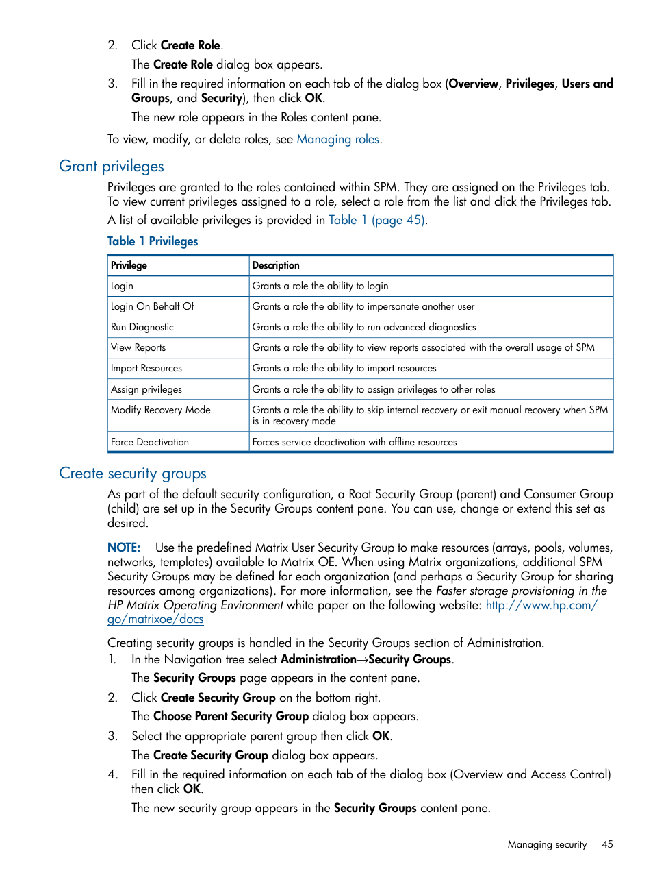 Grant privileges, Create security groups, Grant privileges create security groups | HP Matrix Operating Environment Software User Manual | Page 45 / 120
