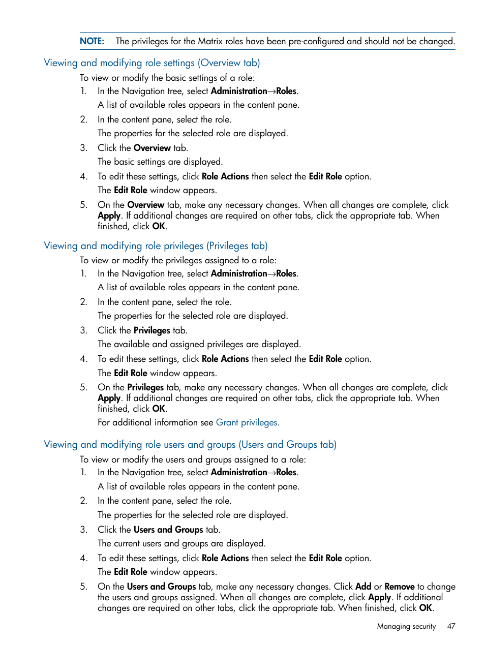 Viewing and modifying role settings (overview tab) | HP Matrix Operating Environment Software User Manual | Page 47 / 120