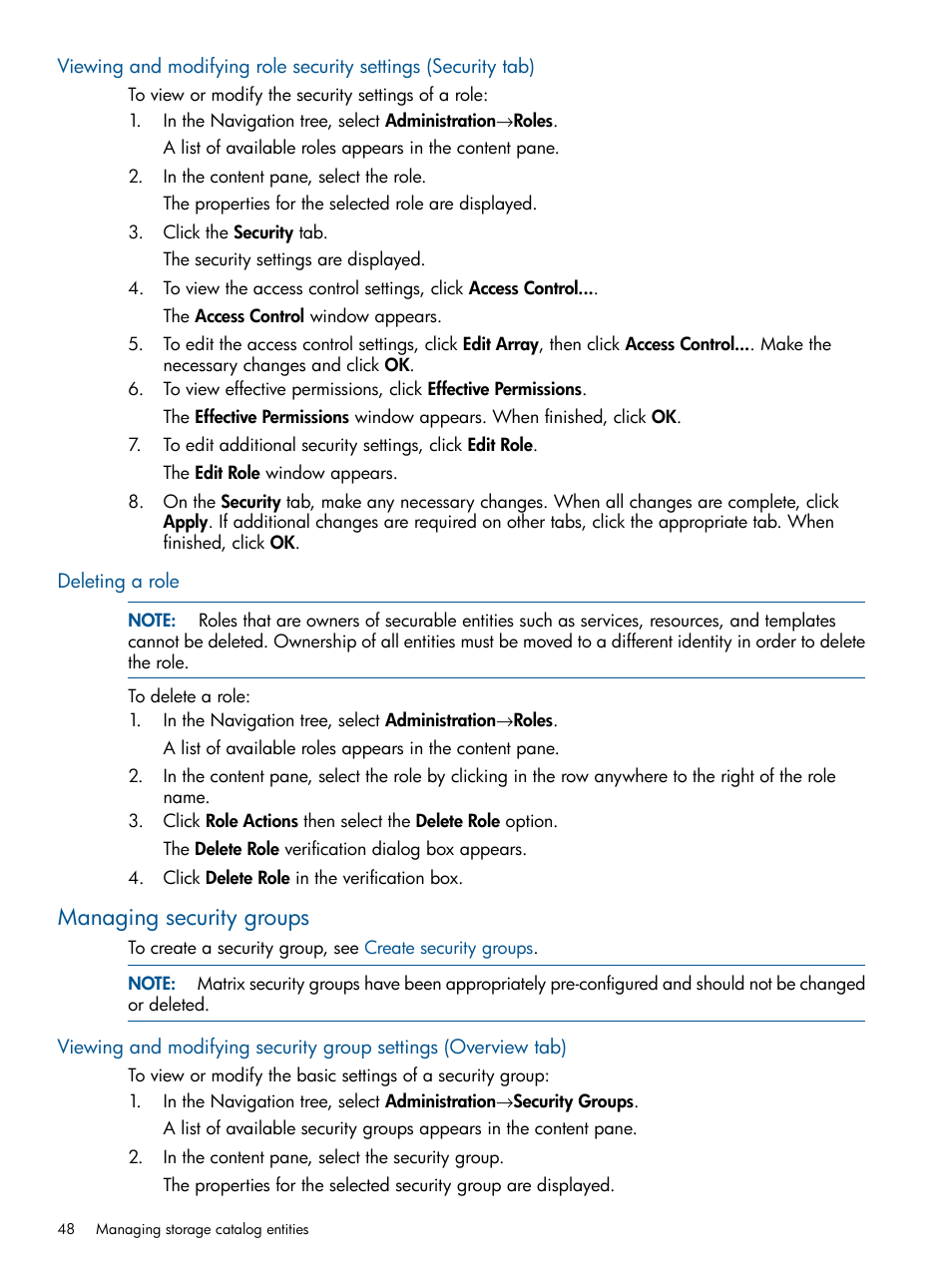 Deleting a role, Managing security groups | HP Matrix Operating Environment Software User Manual | Page 48 / 120