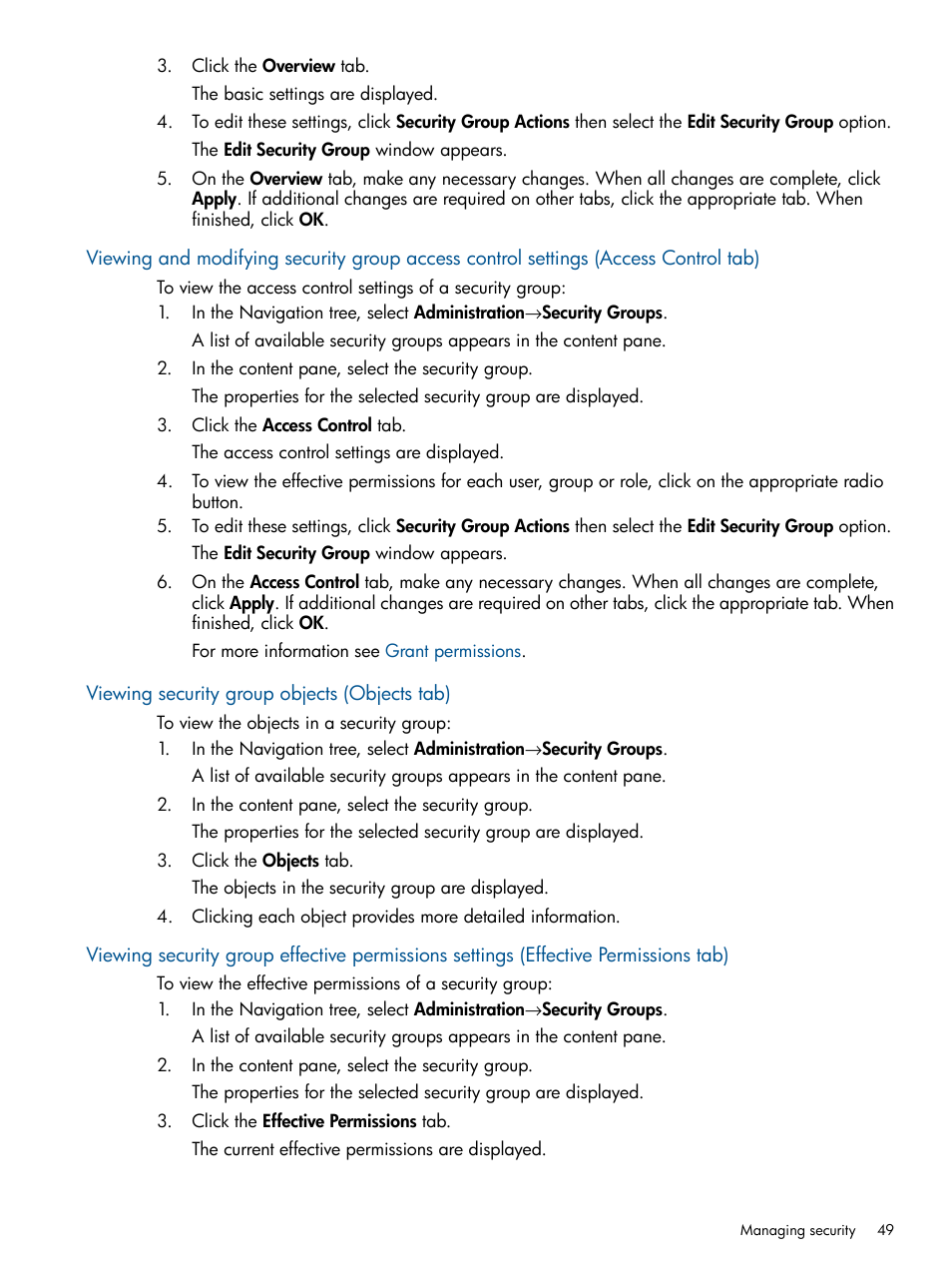 Viewing security group objects (objects tab) | HP Matrix Operating Environment Software User Manual | Page 49 / 120