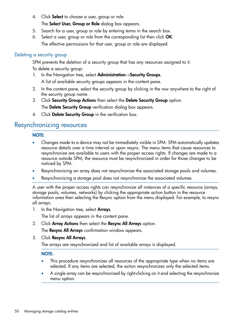Deleting a security group, Resynchronizing resources | HP Matrix Operating Environment Software User Manual | Page 50 / 120