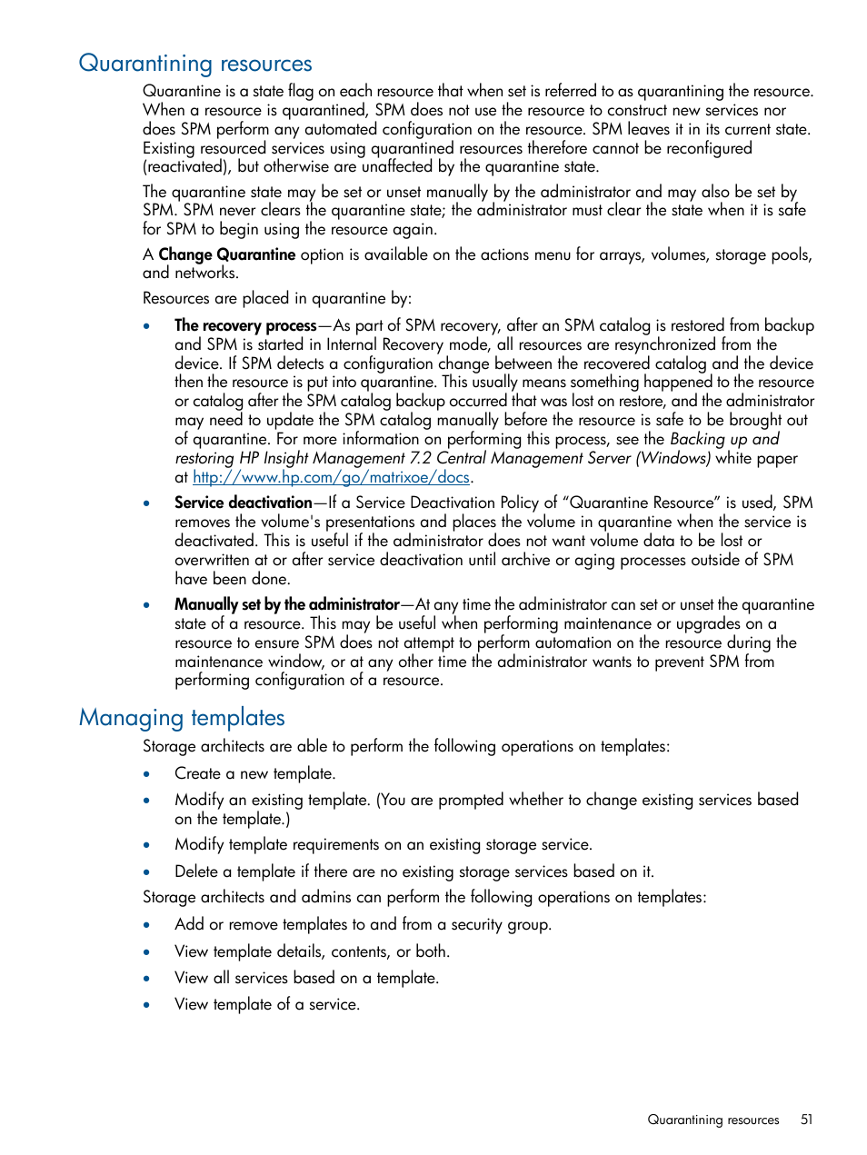 Quarantining resources, Managing templates | HP Matrix Operating Environment Software User Manual | Page 51 / 120