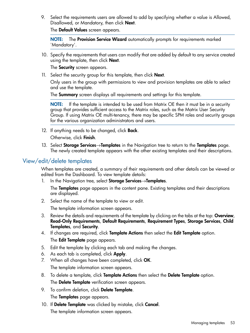 View/edit/delete templates | HP Matrix Operating Environment Software User Manual | Page 53 / 120