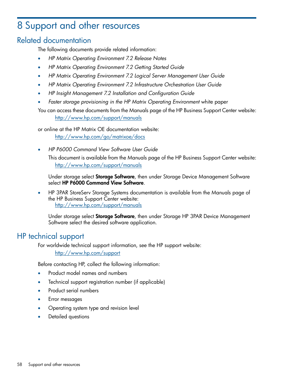8 support and other resources, Related documentation, Hp technical support | Related documentation hp technical support | HP Matrix Operating Environment Software User Manual | Page 58 / 120