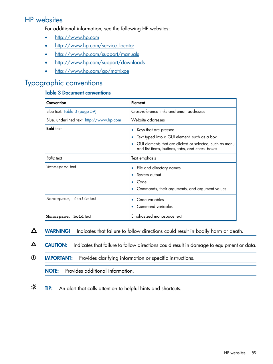 Hp websites, Typographic conventions, Hp websites typographic conventions | HP Matrix Operating Environment Software User Manual | Page 59 / 120