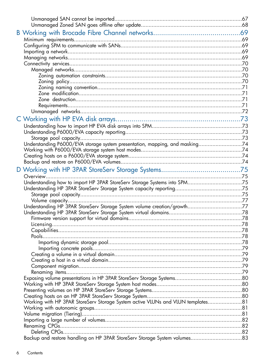 B working with brocade fibre channel networks, C working with hp eva disk arrays, D working with hp 3par storeserv storage systems | HP Matrix Operating Environment Software User Manual | Page 6 / 120