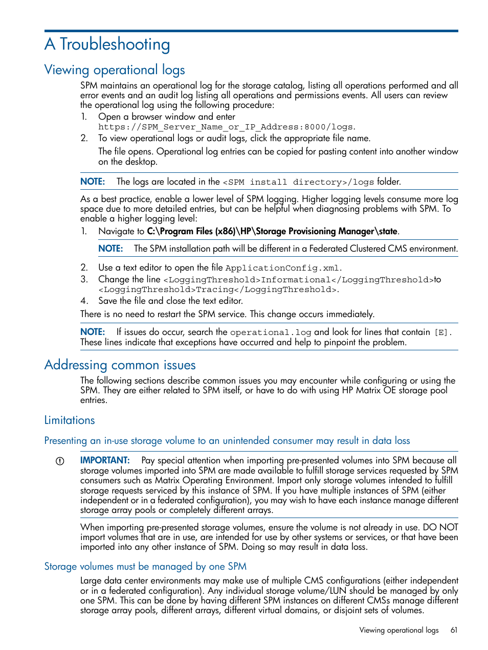 A troubleshooting, Viewing operational logs, Addressing common issues | Limitations, Storage volumes must be managed by one spm, Viewing operational logs addressing common issues | HP Matrix Operating Environment Software User Manual | Page 61 / 120