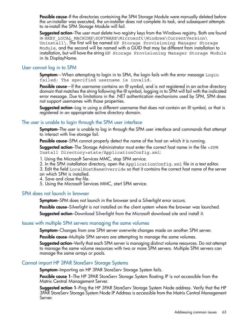 User cannot log in to spm, Spm does not launch in browser, Cannot import hp 3par storeserv storage systems | HP Matrix Operating Environment Software User Manual | Page 63 / 120
